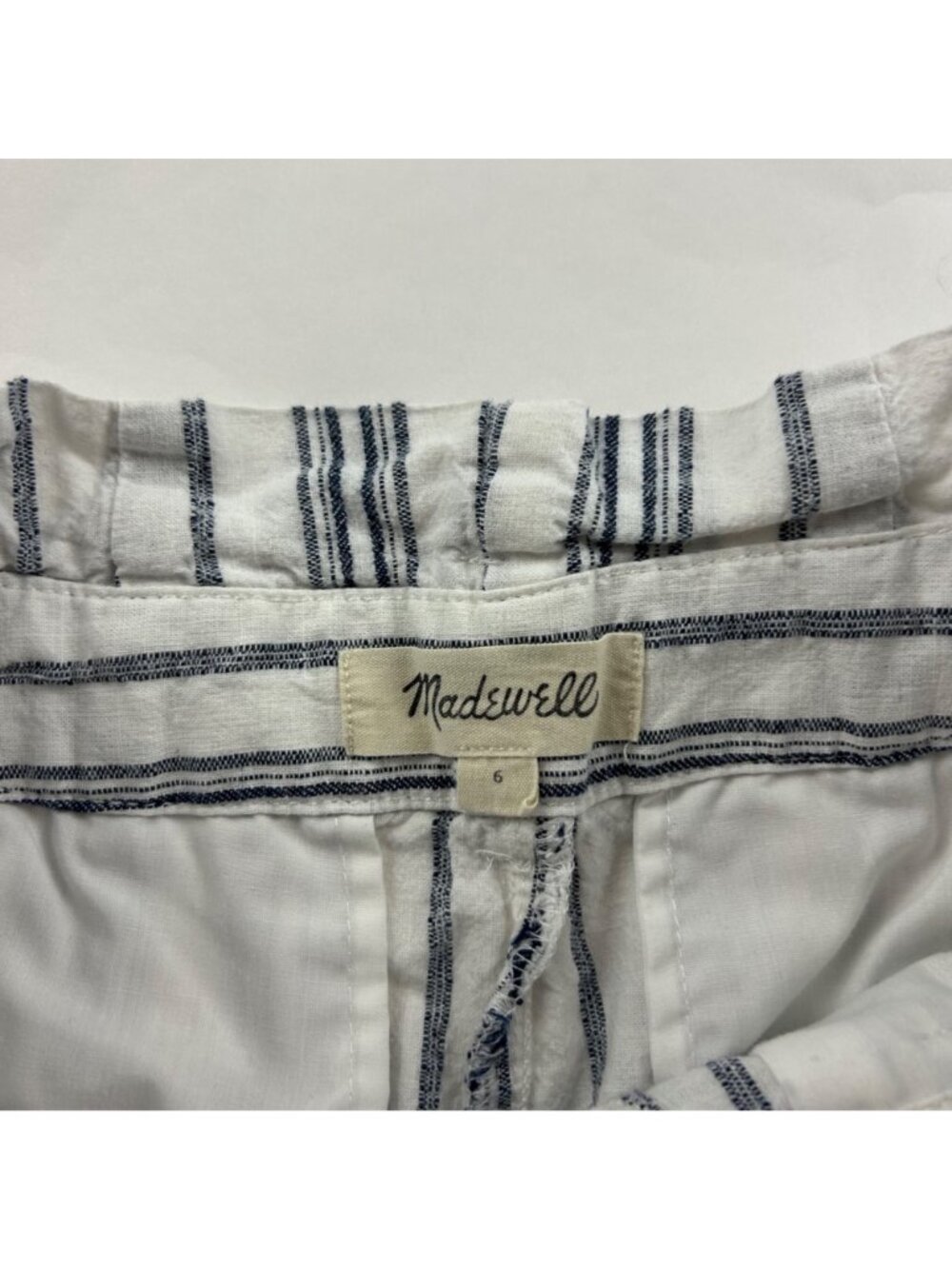 Madewell White Blue Stripe Linen High Rise Belted Ankle Pant 6 - Picture 4 of 7